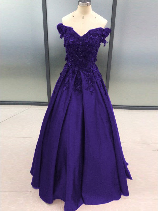 Ball Gown Sleeveless Off-the-Shoulder With Applique Satin Floor-Length Prom Dress