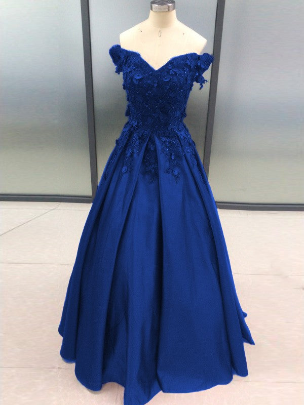 Ball Gown Sleeveless Off-the-Shoulder With Applique Satin Floor-Length Prom Dress