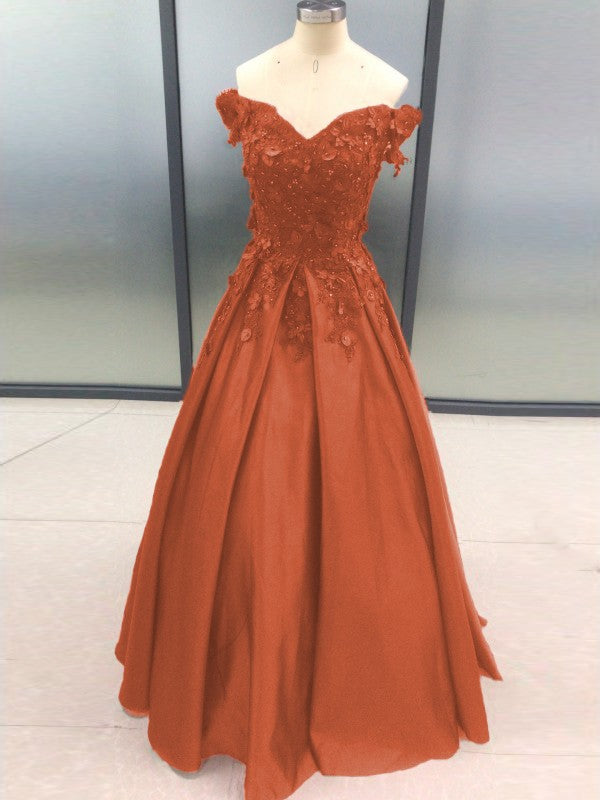 Ball Gown Sleeveless Off-the-Shoulder With Applique Satin Floor-Length Prom Dress