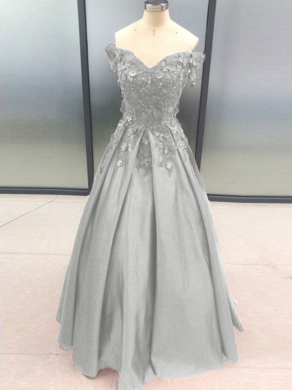 Ball Gown Sleeveless Off-the-Shoulder With Applique Satin Floor-Length Prom Dress