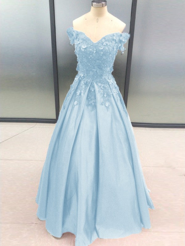 Ball Gown Sleeveless Off-the-Shoulder With Applique Satin Floor-Length Prom Dress