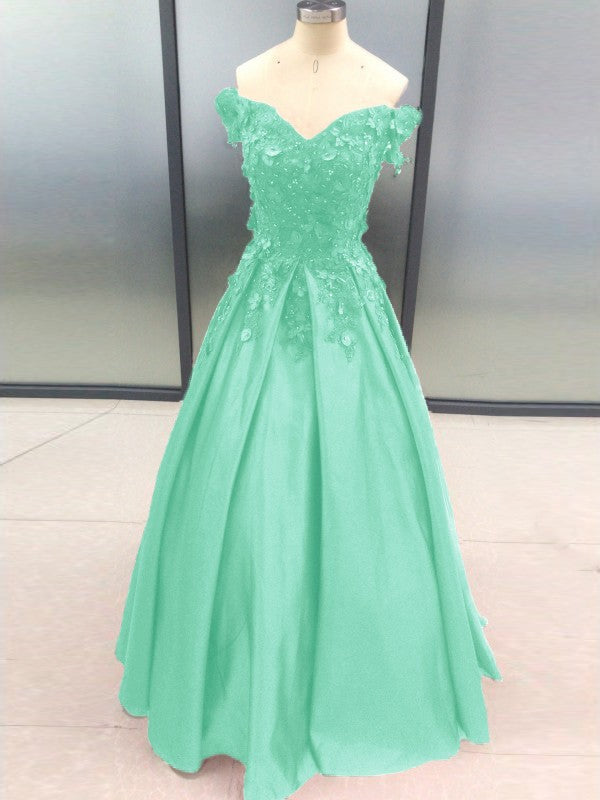 Ball Gown Sleeveless Off-the-Shoulder With Applique Satin Floor-Length Prom Dress