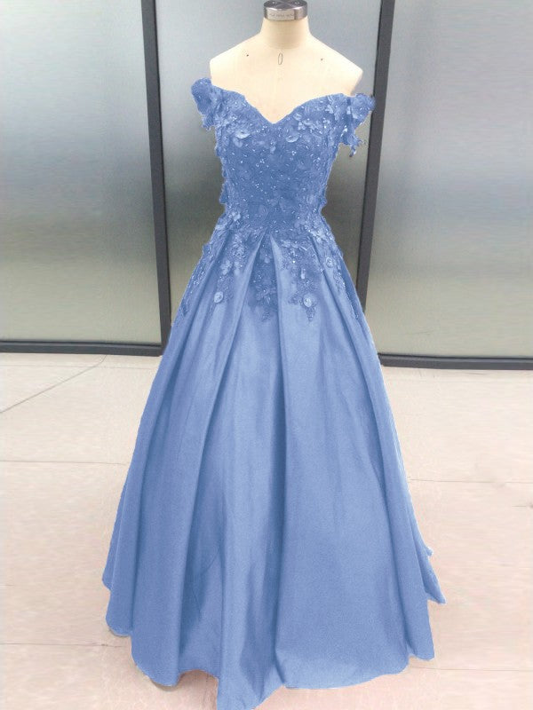 Ball Gown Sleeveless Off-the-Shoulder With Applique Satin Floor-Length Prom Dress