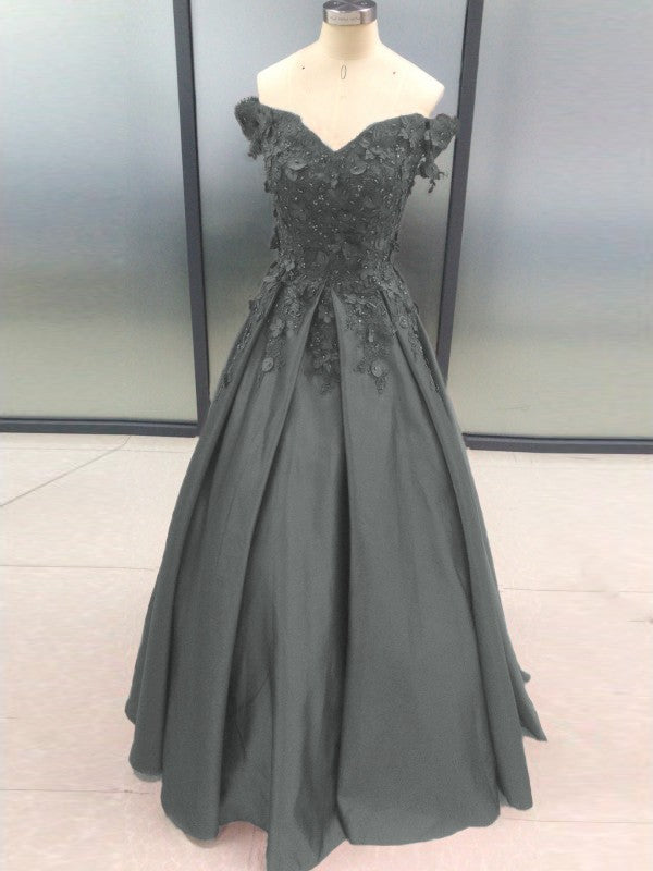 Ball Gown Sleeveless Off-the-Shoulder With Applique Satin Floor-Length Prom Dress