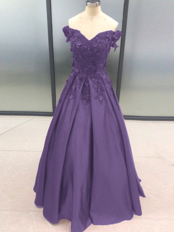 Ball Gown Sleeveless Off-the-Shoulder With Applique Satin Floor-Length Prom Dress
