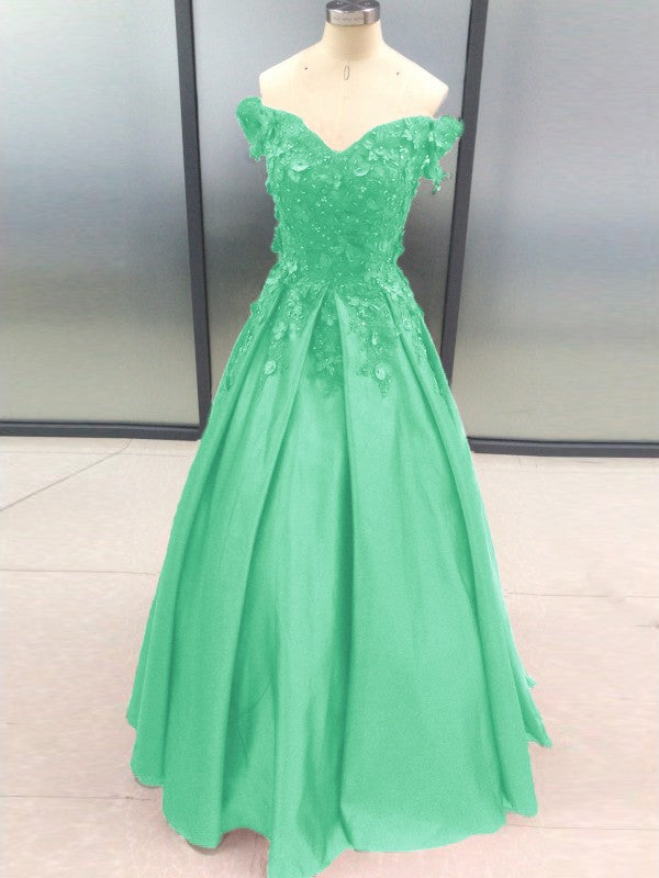 Ball Gown Sleeveless Off-the-Shoulder With Applique Satin Floor-Length Prom Dress