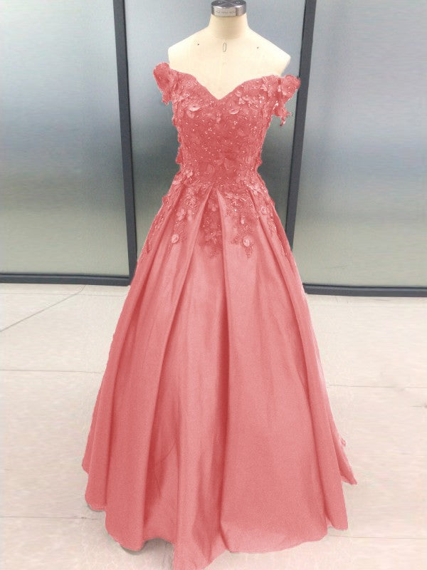 Ball Gown Sleeveless Off-the-Shoulder With Applique Satin Floor-Length Prom Dress