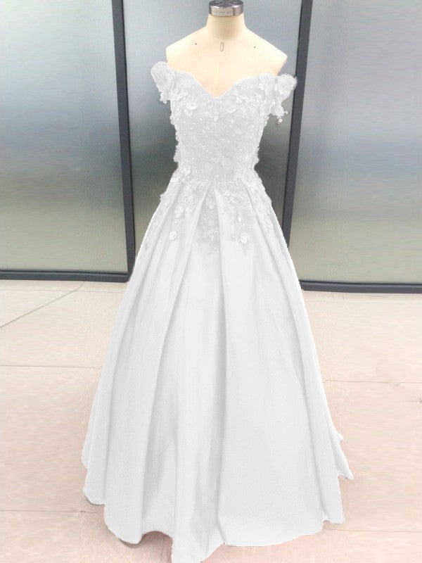 Ball Gown Sleeveless Off-the-Shoulder With Applique Satin Floor-Length Prom Dress