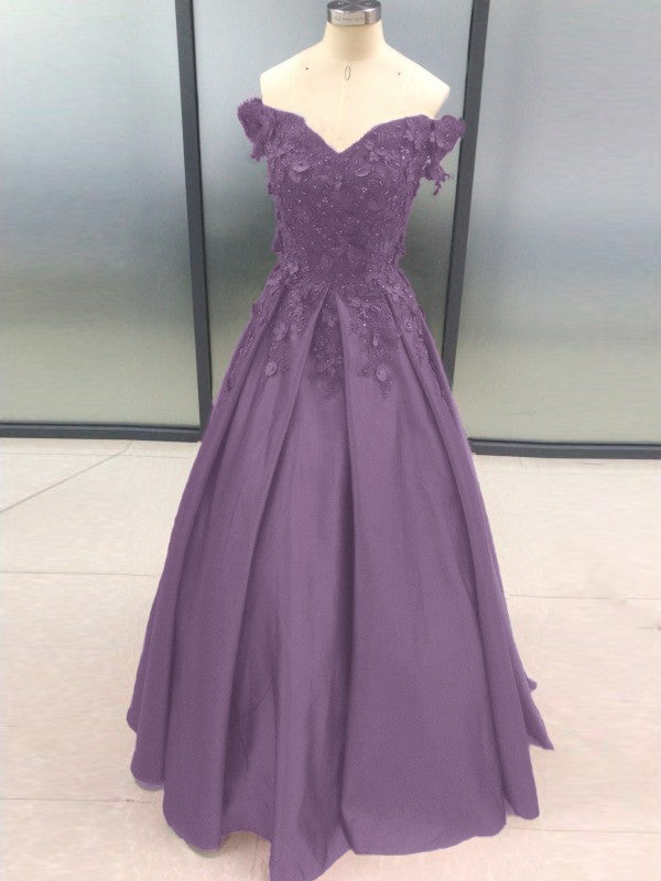 Ball Gown Sleeveless Off-the-Shoulder With Applique Satin Floor-Length Prom Dress