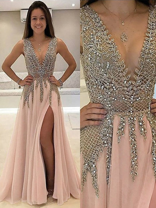 A-Line V-Neck Sleeveless Sweep/Brush Train With Beading Tulle Prom Dress