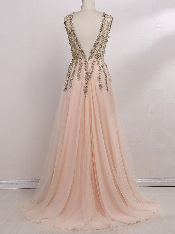 A-Line V-Neck Sleeveless Sweep/Brush Train With Beading Tulle Prom Dress