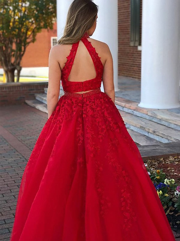 A-Line Sleeveless Halter With Beading Tulle Floor-Length Two Piece Prom Dress