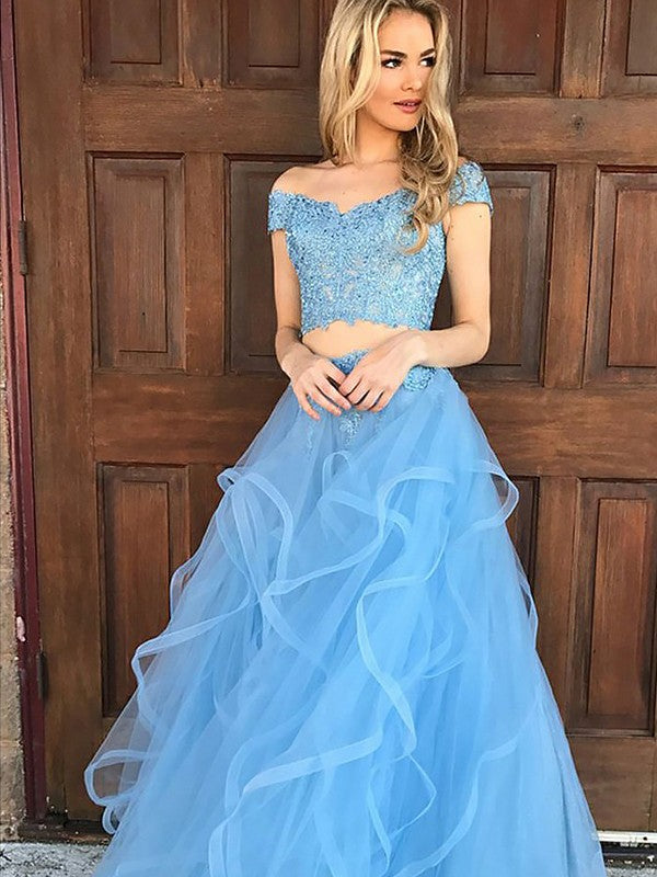 A-Line Sleeveless Off-the-Shoulder Tulle With Applique Floor-Length Two Piece Prom Dress