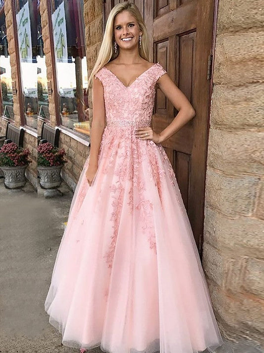 A-Line V-Neck Sleeveless Floor-Length With Applique Tulle Prom Dress