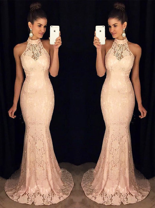 Mermaid High Neck Sleeveless Sweep/Brush Train With Ruffles Lace Prom Dress