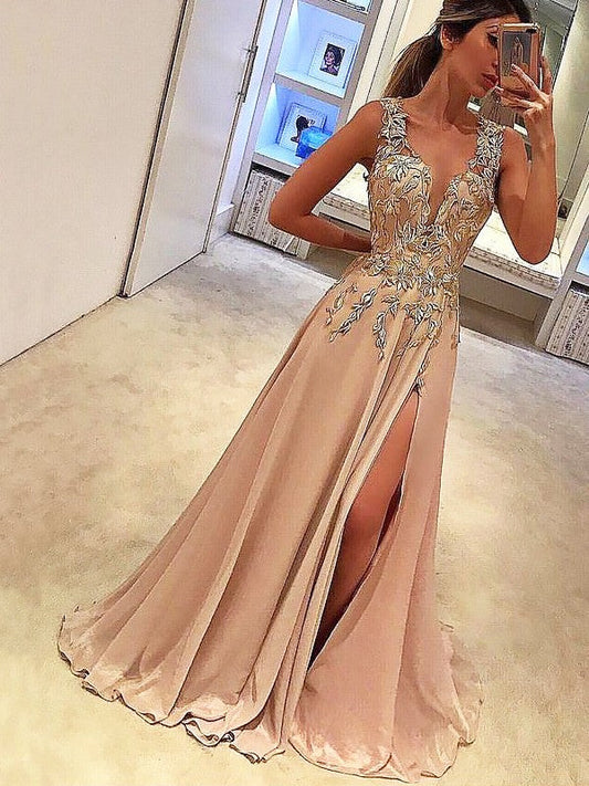 A-Line V-neck Sleeveless Floor-Length With Applique Silk like Satin Prom Dress