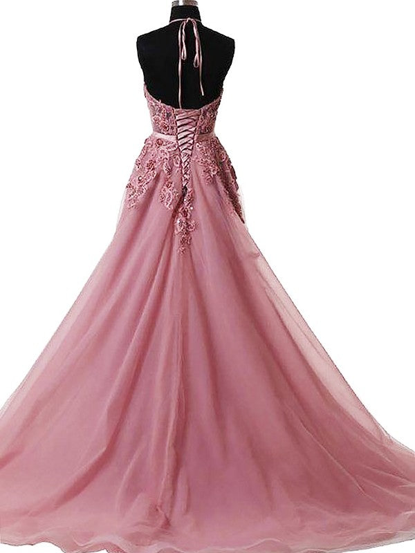 A-Line Halter Sleeveless Sweep/Brush Train With Applique Tulle Prom Dress