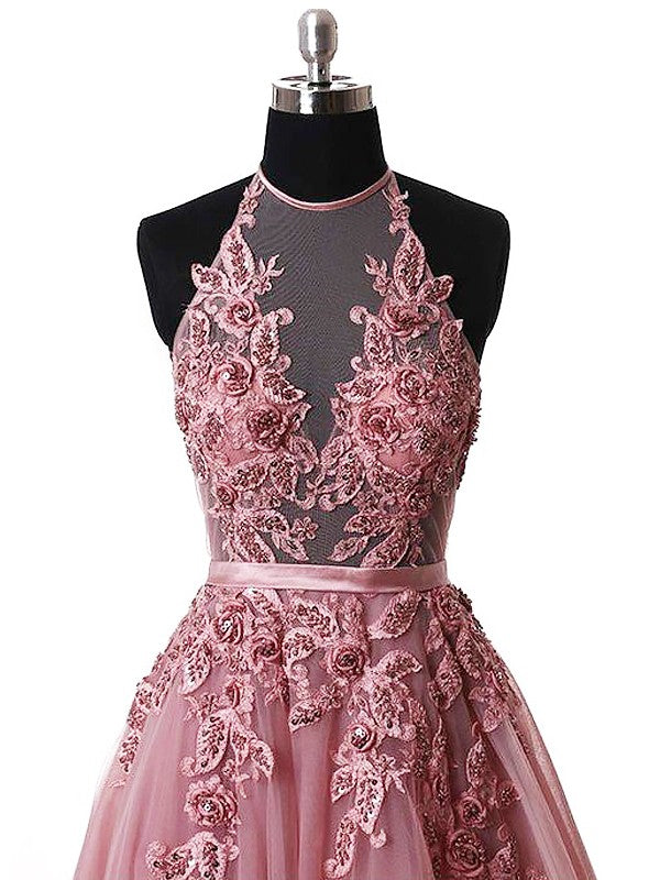 A-Line Halter Sleeveless Sweep/Brush Train With Applique Tulle Prom Dress