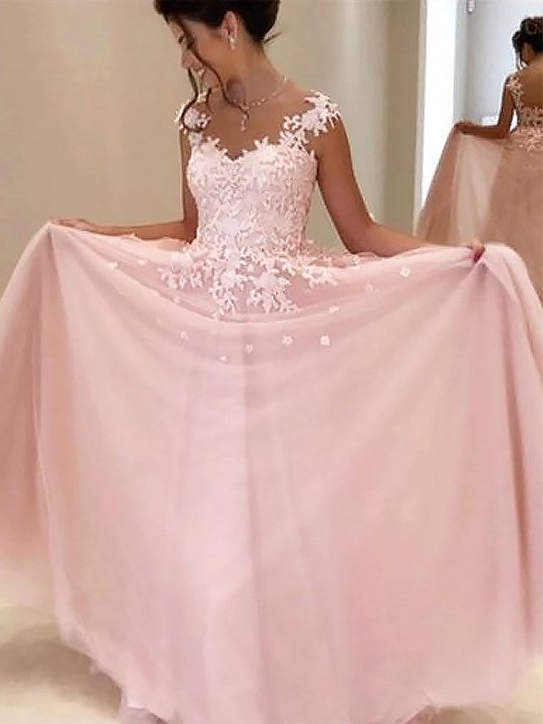 A-Line Sweetheart Sleeveless Floor-Length With Applique Tulle Prom Dress