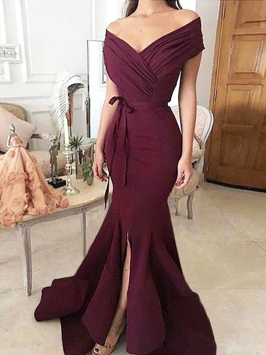 Mermaid Off-the-Shoulder Sleeveless Floor-Length With Ruched Stretch Crepe Prom Dress