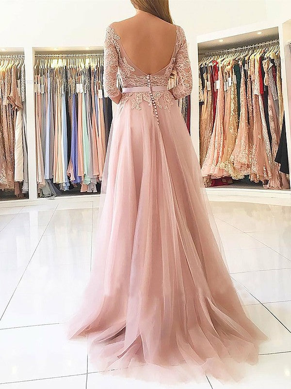 A-Line Bateau 3/4 Sleeves Sweep/Brush Train With Applique Tulle Prom Dress