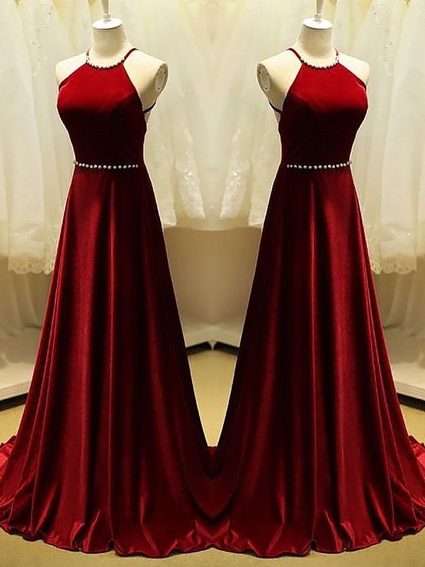 A-Line Halter Sleeveless Sweep/Brush Train With Beading Satin Prom Dress