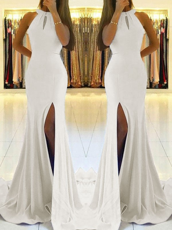Sheath Halter Sleeveless Sweep/Brush Train With Ruffles Stretch Crepe Prom Dress