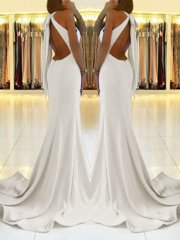 Sheath Halter Sleeveless Sweep/Brush Train With Ruffles Stretch Crepe Prom Dress