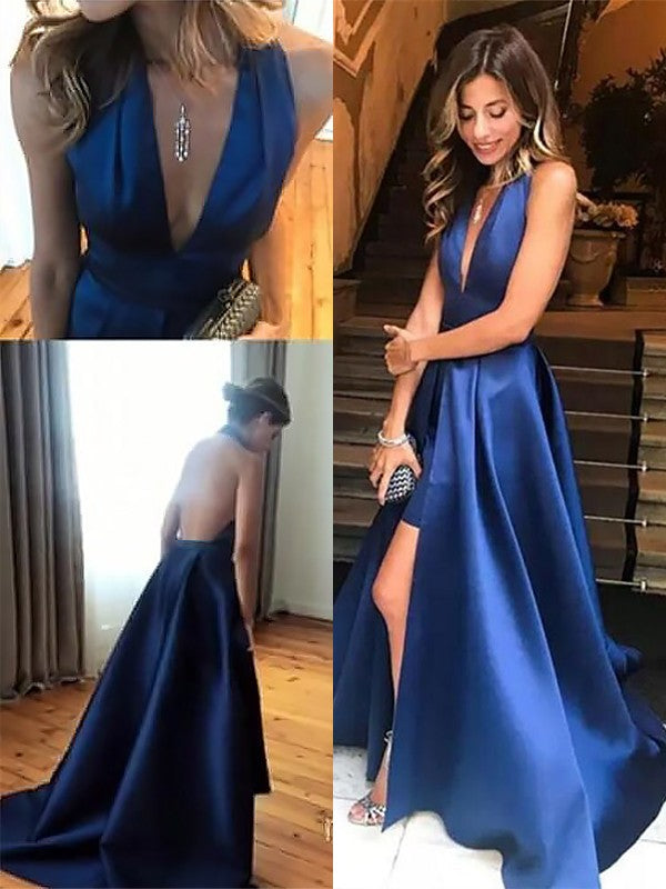 A-Line V-neck Sleeveless Sweep/Brush Train With Ruffles Satin Prom Dress