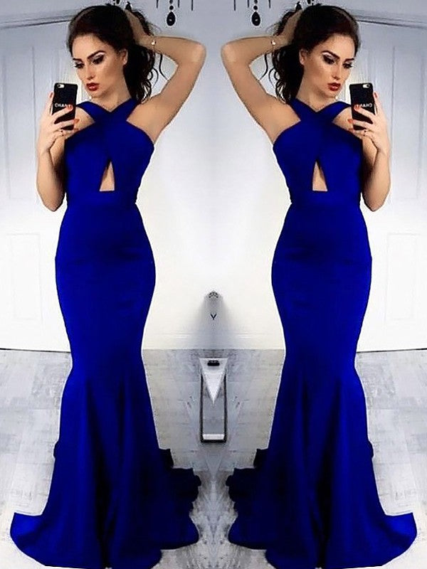 Sheath Halter Sleeveless Sweep/Brush Train With Ruched Satin Prom Dress