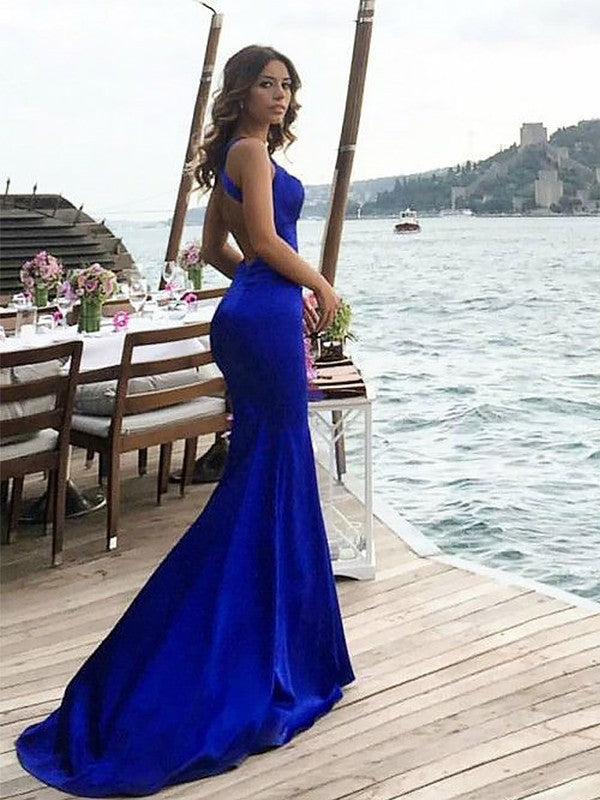 Sheath Halter Sleeveless Sweep/Brush Train With Ruched Satin Prom Dress