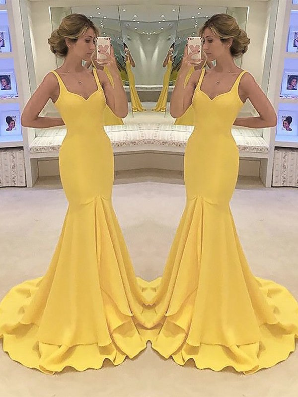 Mermaid Spaghetti Straps Sleeveless Sweep/Brush Train With Layers Stretch Crepe Prom Dress