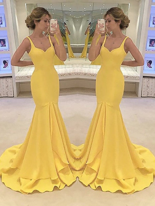 Mermaid Spaghetti Straps Sleeveless Sweep/Brush Train With Layers Stretch Crepe Prom Dress