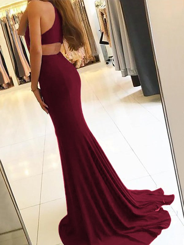 Sheath Halter Sleeveless Sweep/Brush Train With Ruffles Jersey Prom Dress