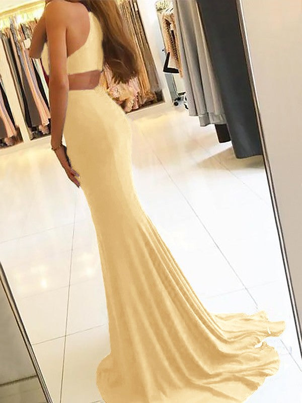 Sheath Halter Sleeveless Sweep/Brush Train With Ruffles Jersey Prom Dress