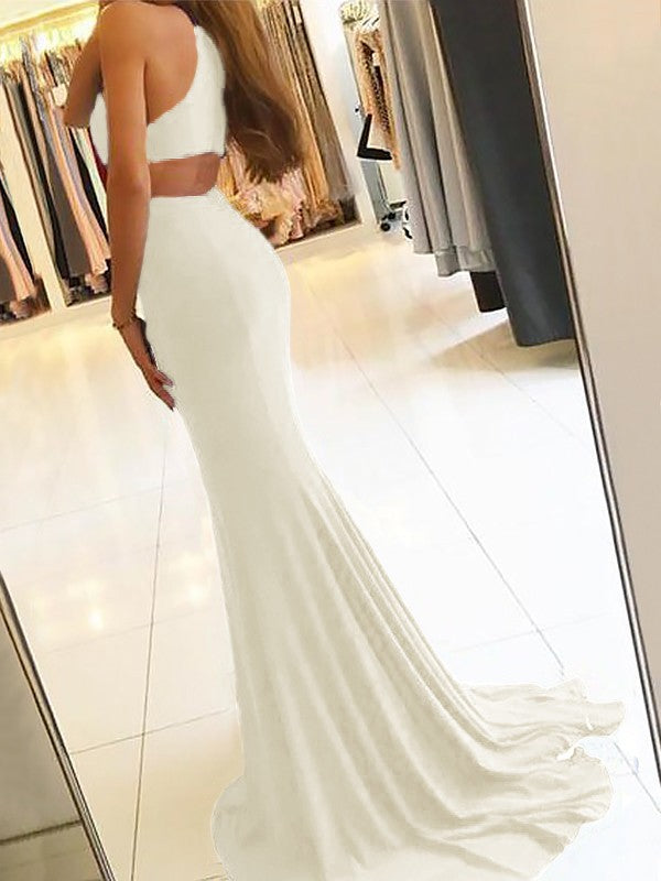 Sheath Halter Sleeveless Sweep/Brush Train With Ruffles Jersey Prom Dress