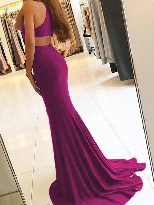 Sheath Halter Sleeveless Sweep/Brush Train With Ruffles Jersey Prom Dress