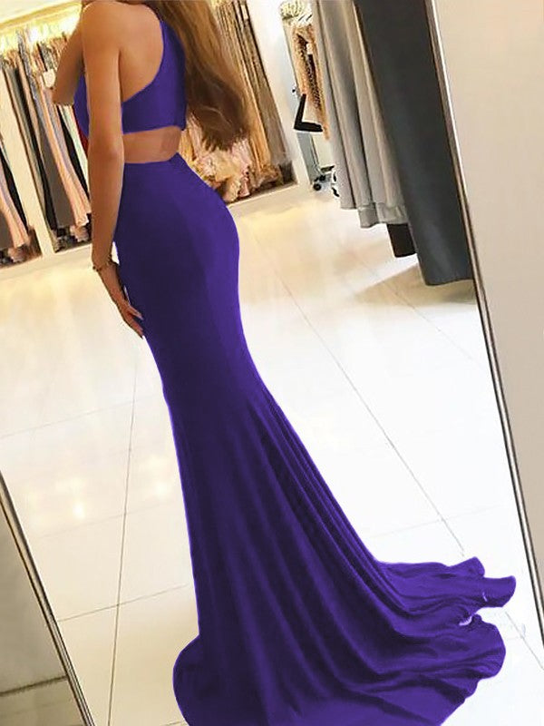Sheath Halter Sleeveless Sweep/Brush Train With Ruffles Jersey Prom Dress