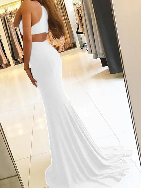 Sheath Halter Sleeveless Sweep/Brush Train With Ruffles Jersey Prom Dress