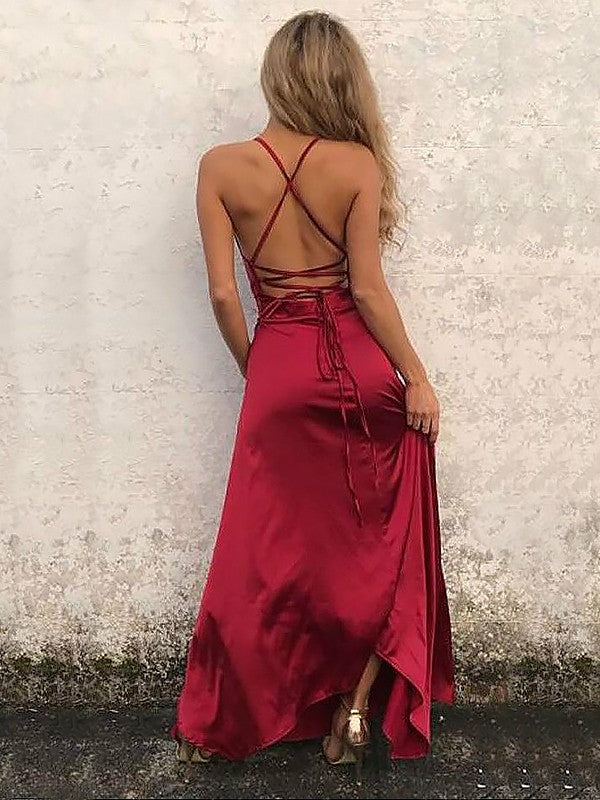 A-Line Spaghetti Straps Sleeveless Floor-Length With Ruffles NS Elastic Woven Satin Bridesmaid Dresses