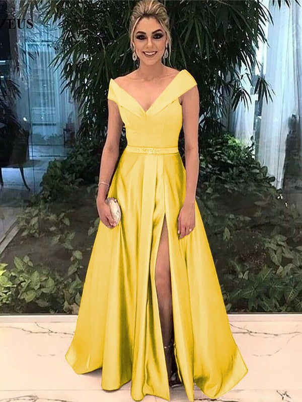 A-Line Off-the-Shoulder Sleeveless Floor-Length With Sash/Ribbon/Belt Satin Prom Dress