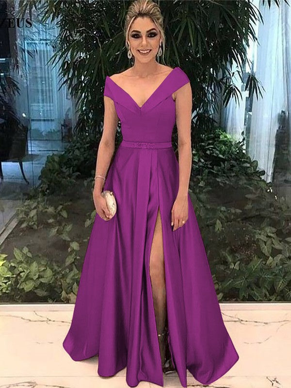 A-Line Off-the-Shoulder Sleeveless Floor-Length With Sash/Ribbon/Belt Satin Prom Dress