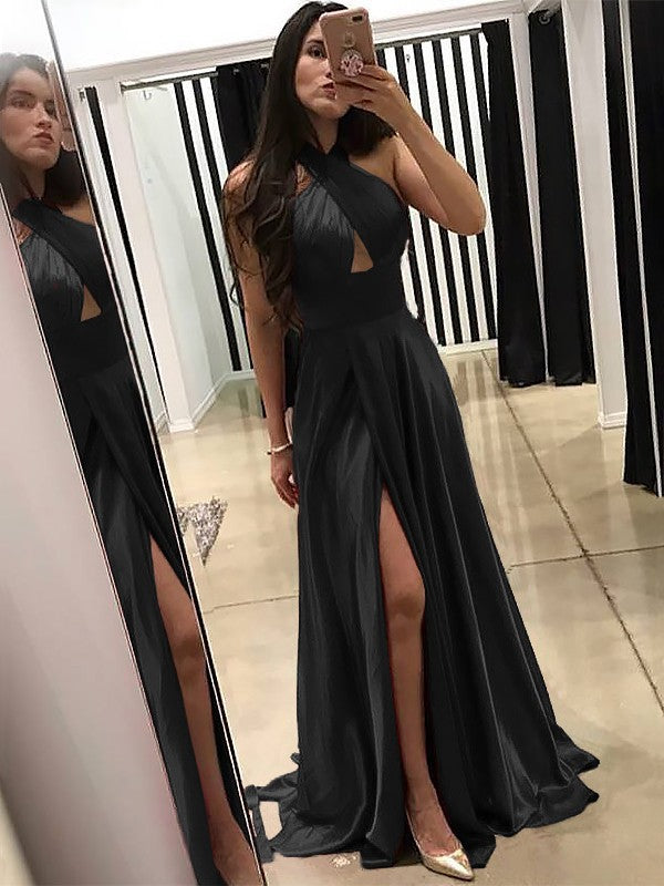 A-Line Halter Sleeveless Sweep/Brush Train With Ruffles Silk like Satin Prom Dress
