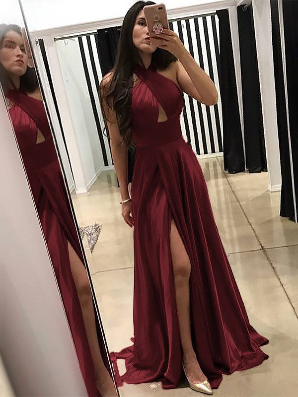 A-Line Halter Sleeveless Sweep/Brush Train With Ruffles Silk like Satin Prom Dress