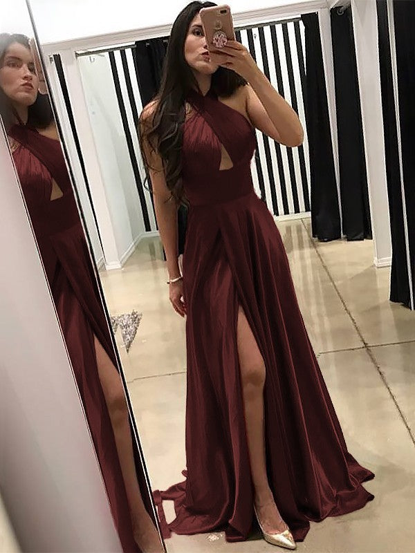 A-Line Halter Sleeveless Sweep/Brush Train With Ruffles Silk like Satin Prom Dress