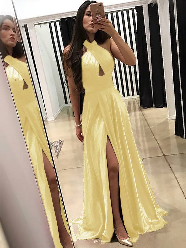 A-Line Halter Sleeveless Sweep/Brush Train With Ruffles Silk like Satin Prom Dress