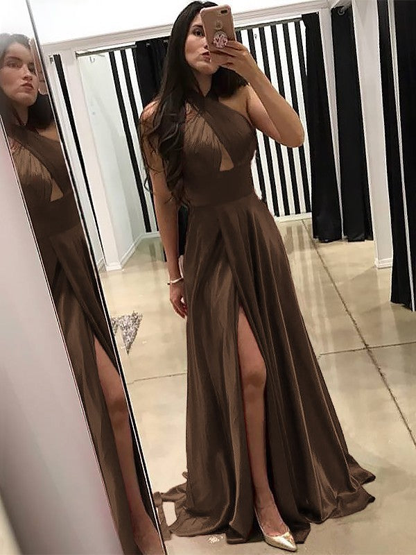 A-Line Halter Sleeveless Sweep/Brush Train With Ruffles Silk like Satin Prom Dress