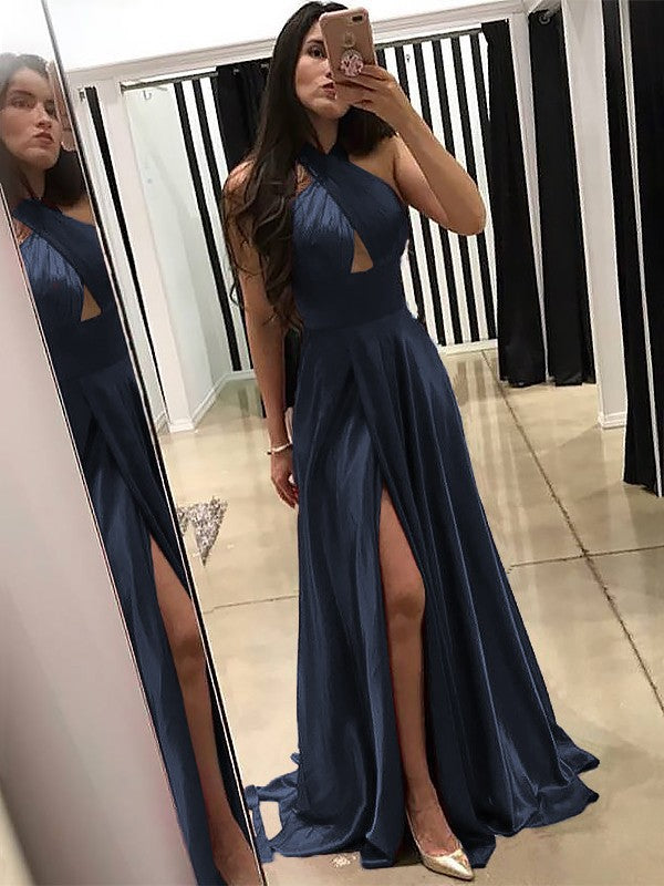 A-Line Halter Sleeveless Sweep/Brush Train With Ruffles Silk like Satin Prom Dress