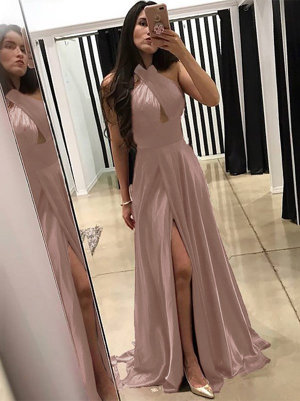 A-Line Halter Sleeveless Sweep/Brush Train With Ruffles Silk like Satin Prom Dress