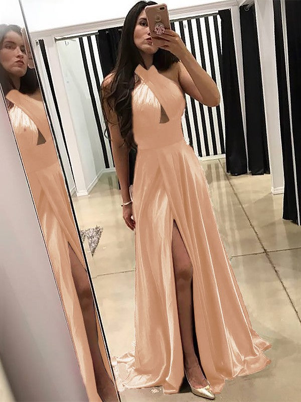 A-Line Halter Sleeveless Sweep/Brush Train With Ruffles Silk like Satin Prom Dress